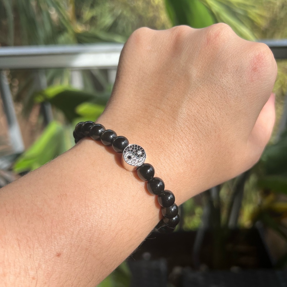 Obsidian Bracelet with S925 Sterling Silver Yin Yang Charm | 6.5"